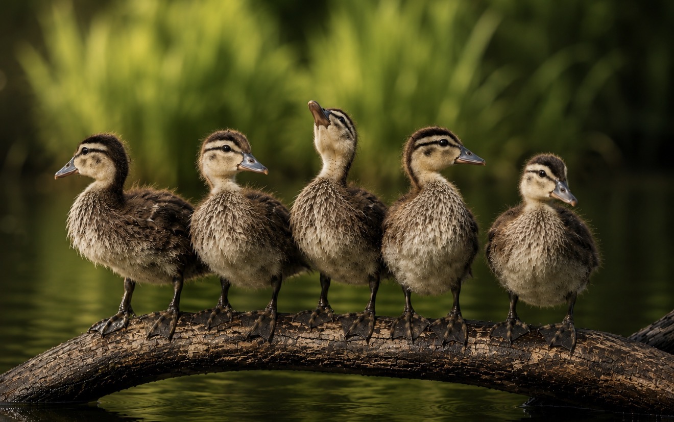 Five wood ducklings resting together above the Silver River, photographed by Brad Mullins